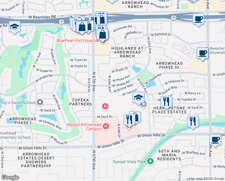 map of restaurants, bars, coffee shops, grocery stores, and more near 19103 North 66th Avenue in Glendale