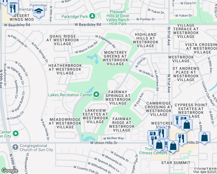 map of restaurants, bars, coffee shops, grocery stores, and more near 19400 North Westbrook Parkway in Peoria