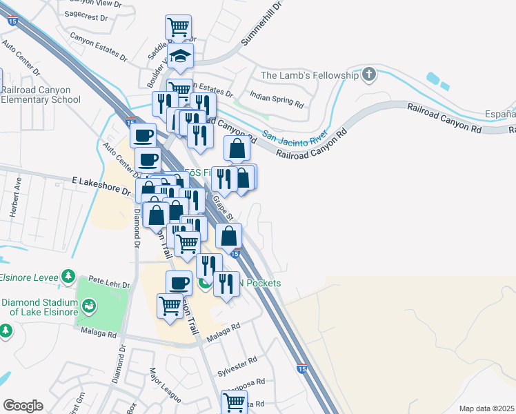 map of restaurants, bars, coffee shops, grocery stores, and more near 15435 Park Point Avenue in Lake Elsinore
