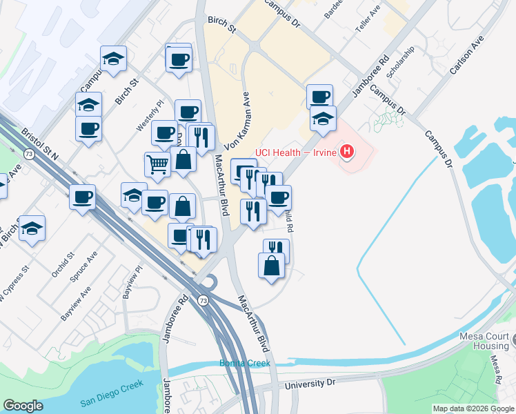 map of restaurants, bars, coffee shops, grocery stores, and more near 4201 Jamboree Road in Newport Beach