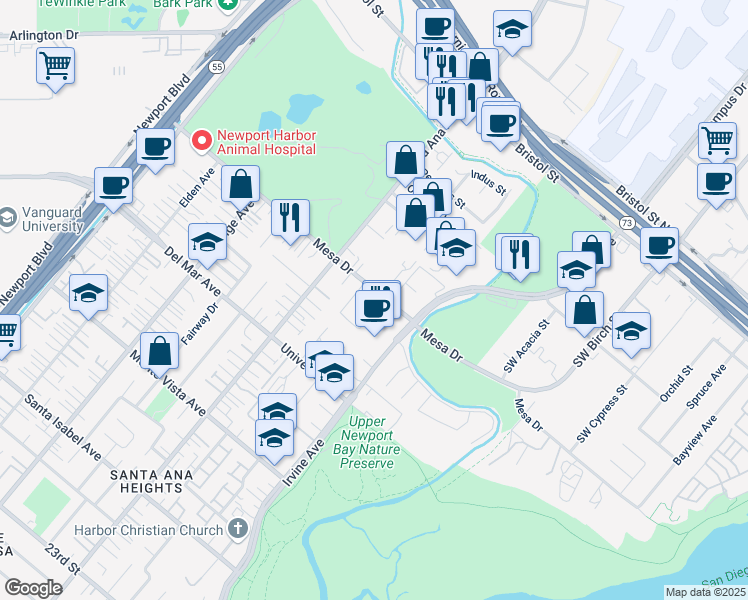 map of restaurants, bars, coffee shops, grocery stores, and more near 333 Mesa Drive in Costa Mesa