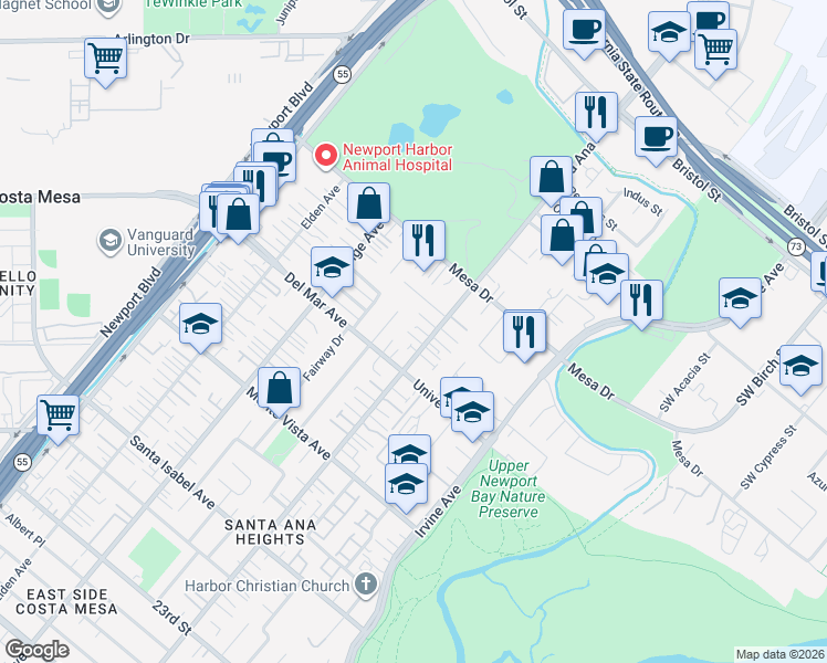 map of restaurants, bars, coffee shops, grocery stores, and more near 285 Santo Tomas Avenue in Costa Mesa