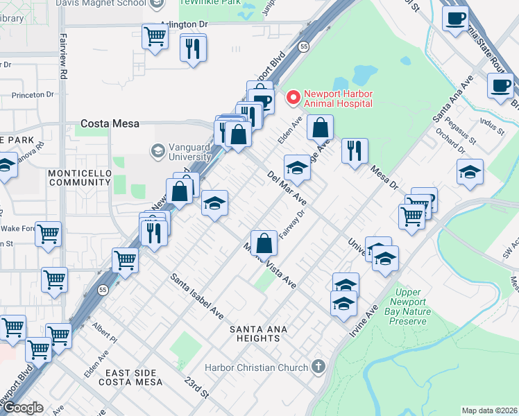 map of restaurants, bars, coffee shops, grocery stores, and more near 2563 Orange Avenue in Costa Mesa