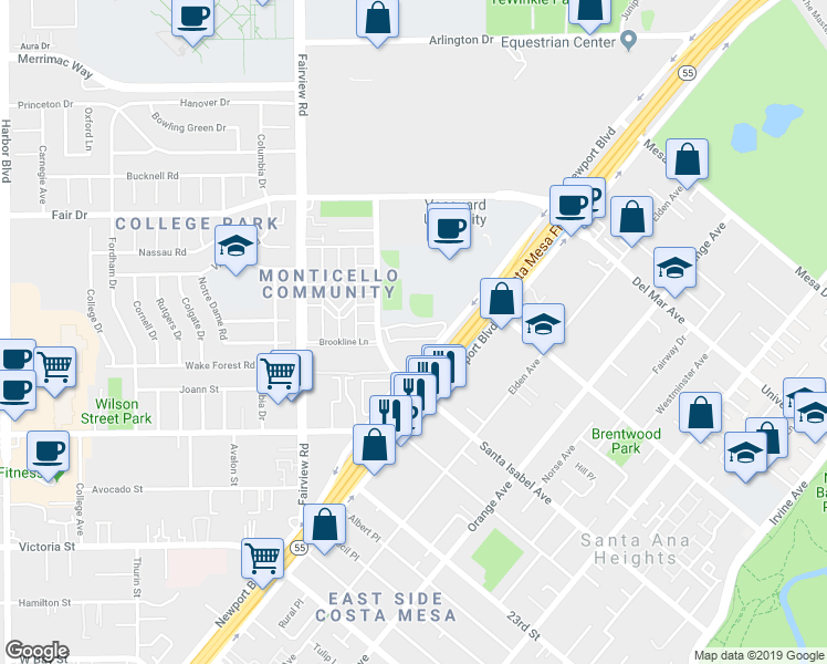 map of restaurants, bars, coffee shops, grocery stores, and more near 2330 Vanguard Way in Costa Mesa