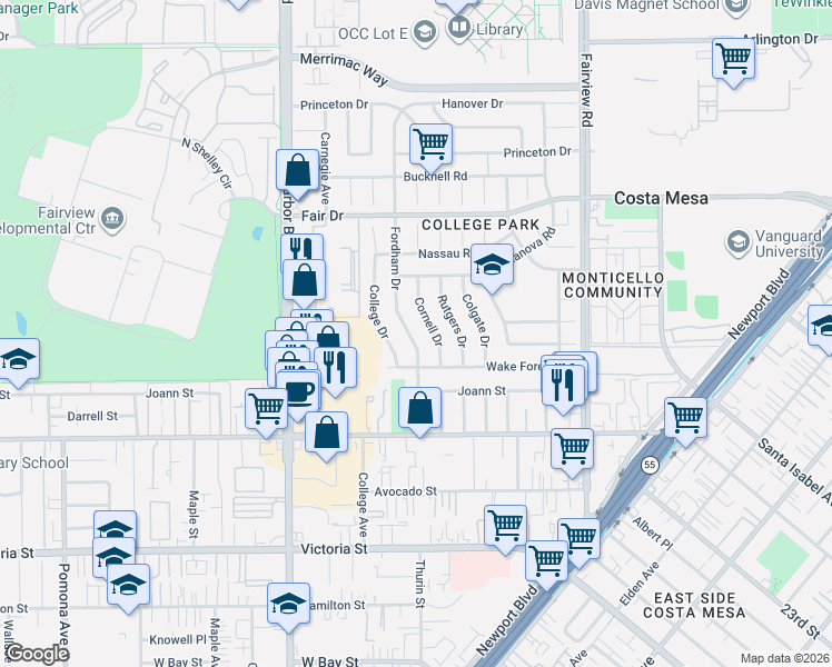 map of restaurants, bars, coffee shops, grocery stores, and more near 2356 Cornell Drive in Costa Mesa