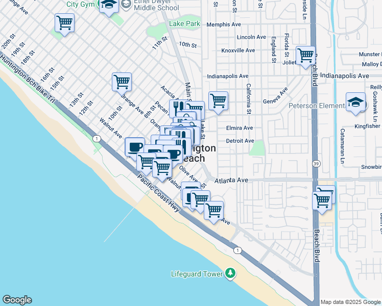 map of restaurants, bars, coffee shops, grocery stores, and more near in Huntington Beach