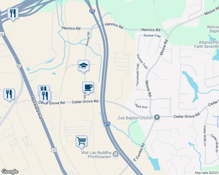 map of restaurants, bars, coffee shops, grocery stores, and more near 1622 Cedar Grove Road in Conley