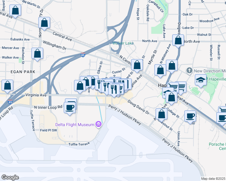 map of restaurants, bars, coffee shops, grocery stores, and more near 3454 Rainey Avenue in Atlanta