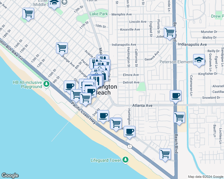 map of restaurants, bars, coffee shops, grocery stores, and more near in Huntington Beach