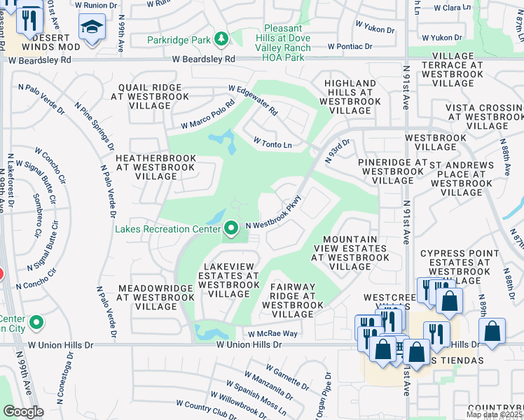 map of restaurants, bars, coffee shops, grocery stores, and more near 19400 North Westbrook Parkway in Peoria