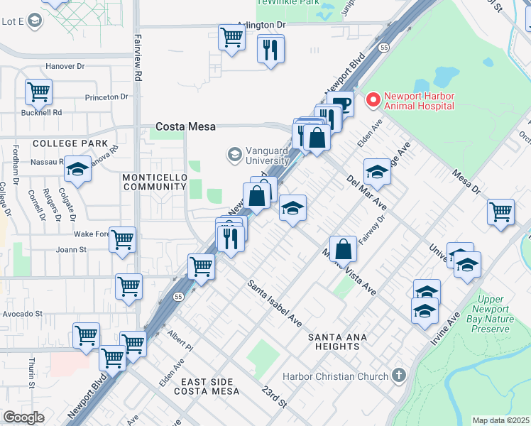 map of restaurants, bars, coffee shops, grocery stores, and more near 100 Monte Vista Avenue in Costa Mesa
