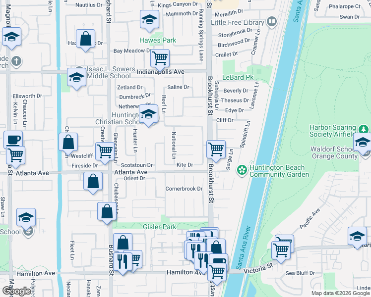 map of restaurants, bars, coffee shops, grocery stores, and more near 9862 Dragon Circle in Huntington Beach