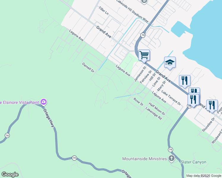 map of restaurants, bars, coffee shops, grocery stores, and more near 33374 Riverside Drive in Lake Elsinore
