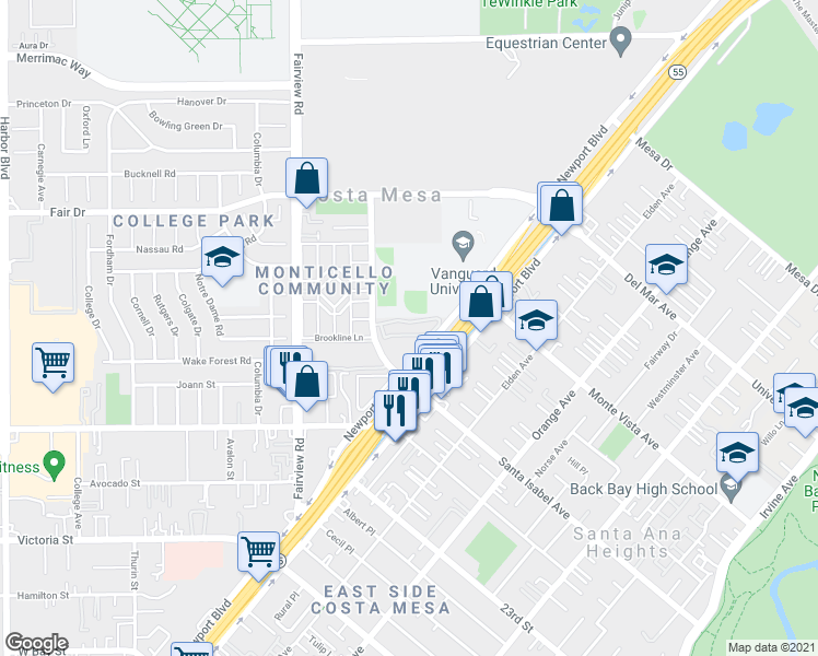 map of restaurants, bars, coffee shops, grocery stores, and more near 2330 Vanguard Way in Costa Mesa