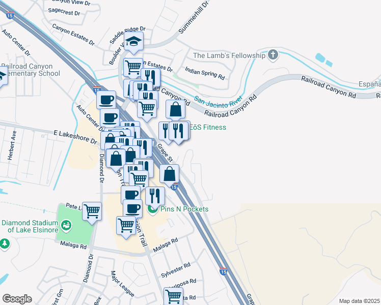 map of restaurants, bars, coffee shops, grocery stores, and more near 15435 Park Point Avenue in Lake Elsinore