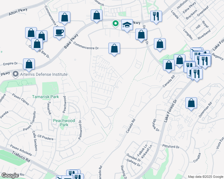 map of restaurants, bars, coffee shops, grocery stores, and more near 574 Catalonia in Lake Forest