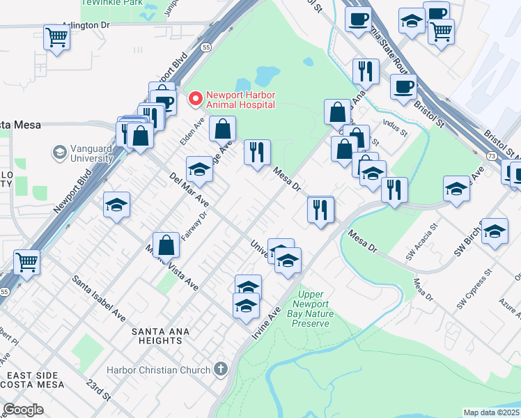 map of restaurants, bars, coffee shops, grocery stores, and more near 2641 Santa Ana Avenue in Costa Mesa