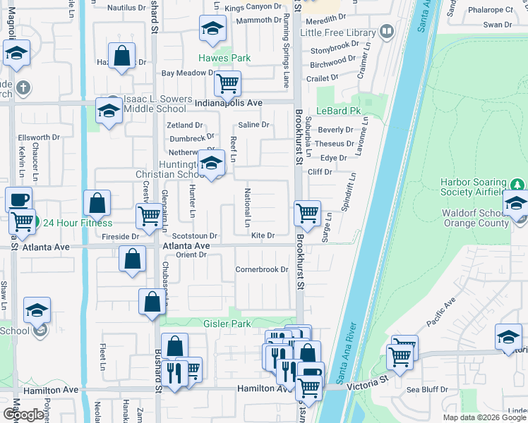 map of restaurants, bars, coffee shops, grocery stores, and more near 9881 Dragon Circle in Huntington Beach