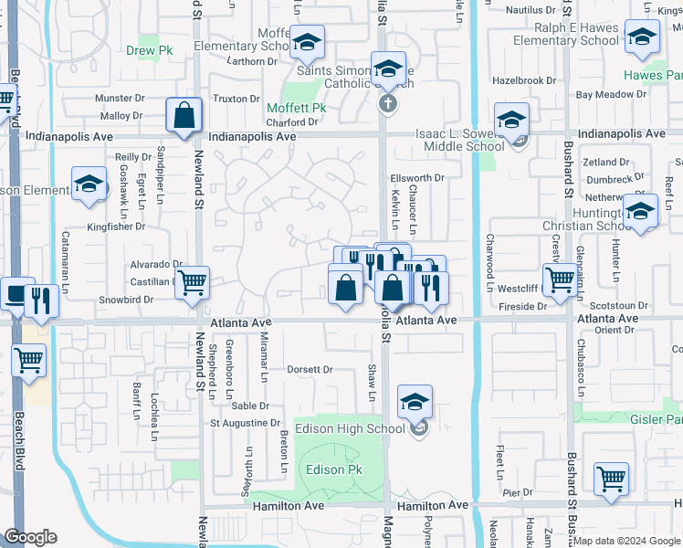 map of restaurants, bars, coffee shops, grocery stores, and more near 8877 Lauderdale Court in Huntington Beach