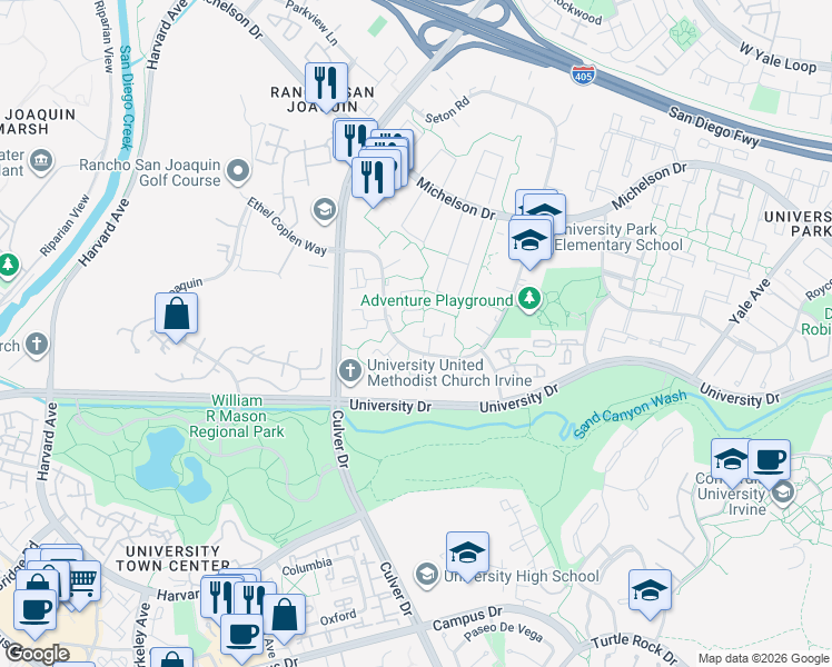 map of restaurants, bars, coffee shops, grocery stores, and more near 11 Meadowsweet Way in Irvine