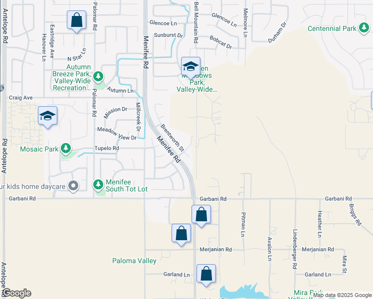 map of restaurants, bars, coffee shops, grocery stores, and more near Pacific Bluff Street in Menifee