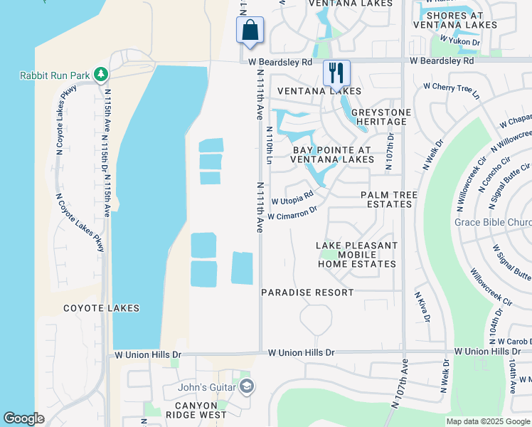 map of restaurants, bars, coffee shops, grocery stores, and more near 19356 North 110th Lane in Sun City