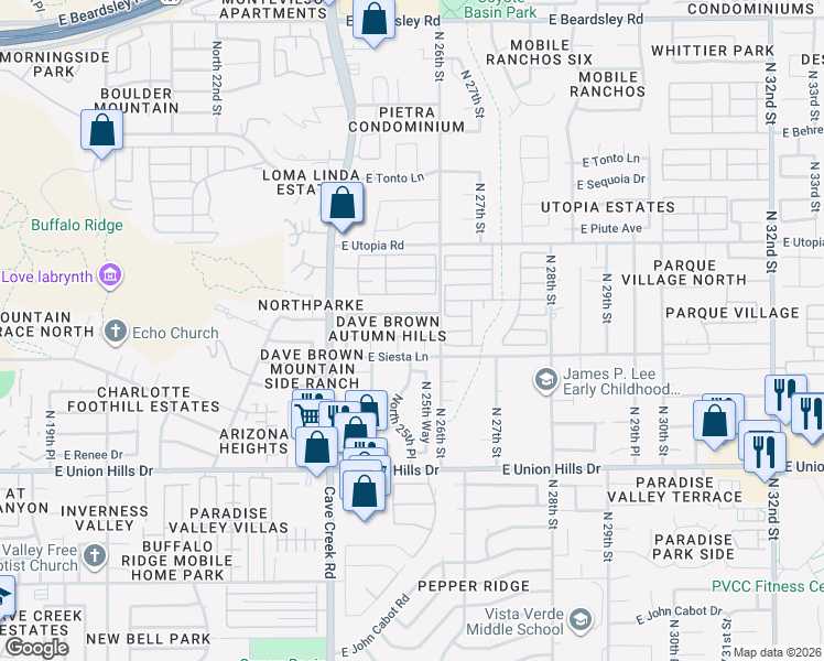 map of restaurants, bars, coffee shops, grocery stores, and more near 2540 East Wescott Drive in Phoenix