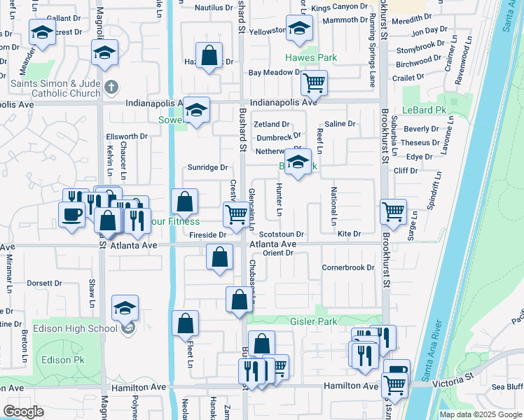 map of restaurants, bars, coffee shops, grocery stores, and more near 20832 Glencairn Lane in Huntington Beach