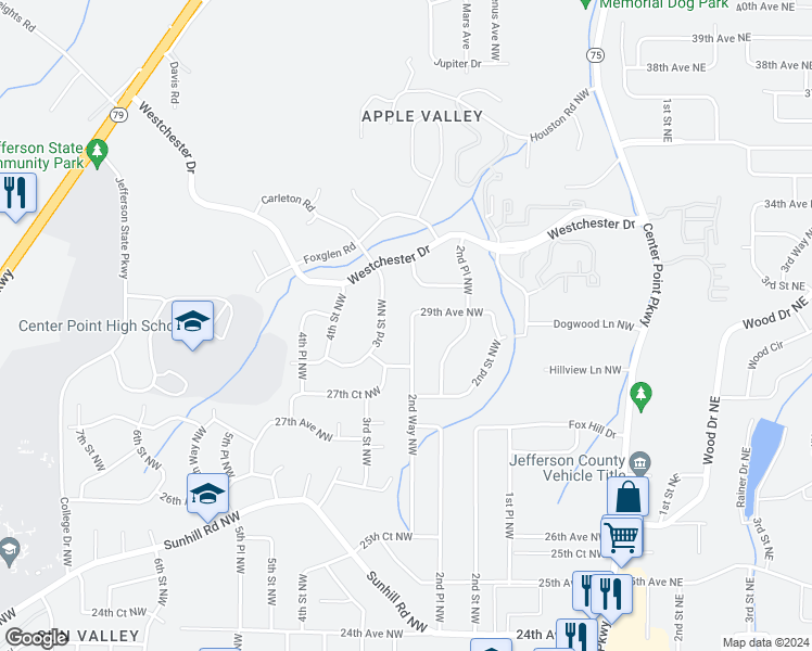 map of restaurants, bars, coffee shops, grocery stores, and more near 2832 2nd Way Northwest in Center Point