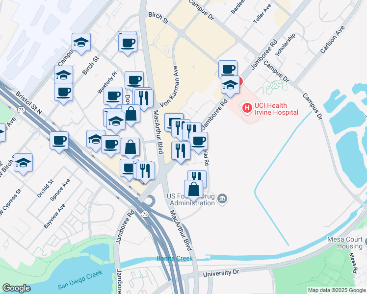 map of restaurants, bars, coffee shops, grocery stores, and more near 4201 Jamboree Road in Newport Beach