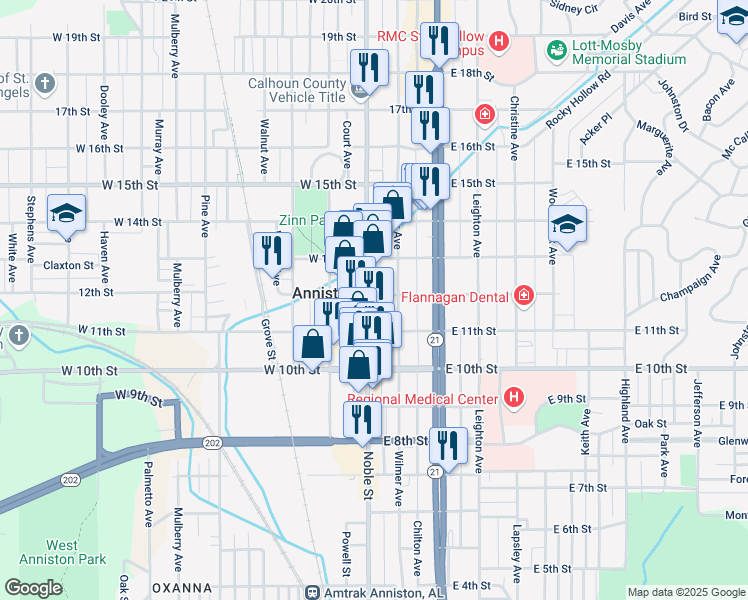 map of restaurants, bars, coffee shops, grocery stores, and more near 1129 Noble Street in Anniston