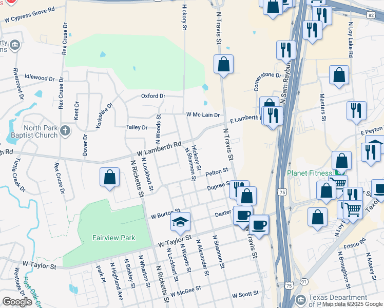 map of restaurants, bars, coffee shops, grocery stores, and more near 2419 North Shannon Street in Sherman