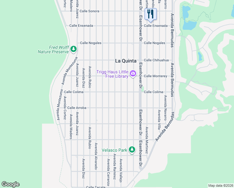 map of restaurants, bars, coffee shops, grocery stores, and more near 53520 Avenue Ramirez in La Quinta