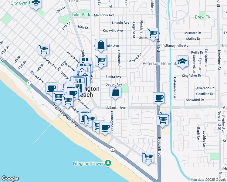 map of restaurants, bars, coffee shops, grocery stores, and more near 302 Huntington Street in Huntington Beach