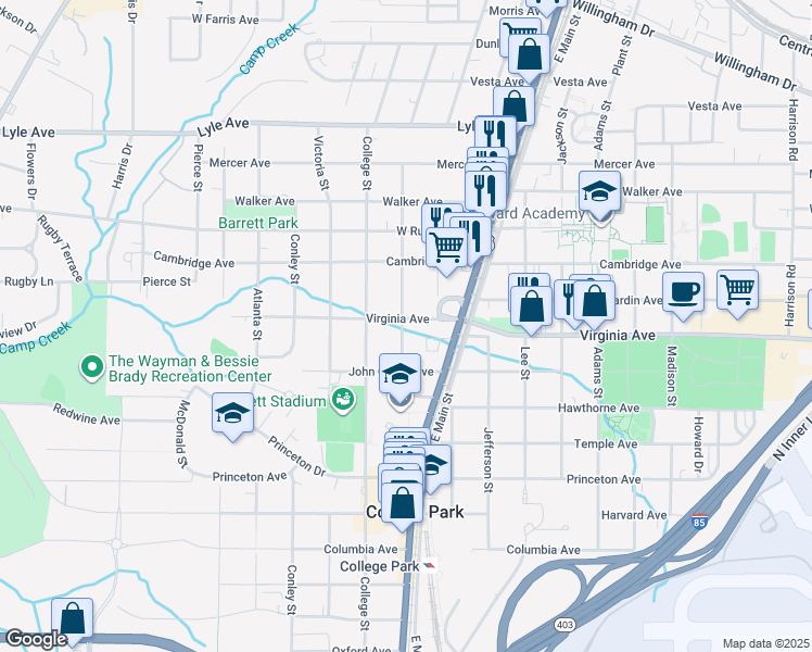 map of restaurants, bars, coffee shops, grocery stores, and more near in College Park