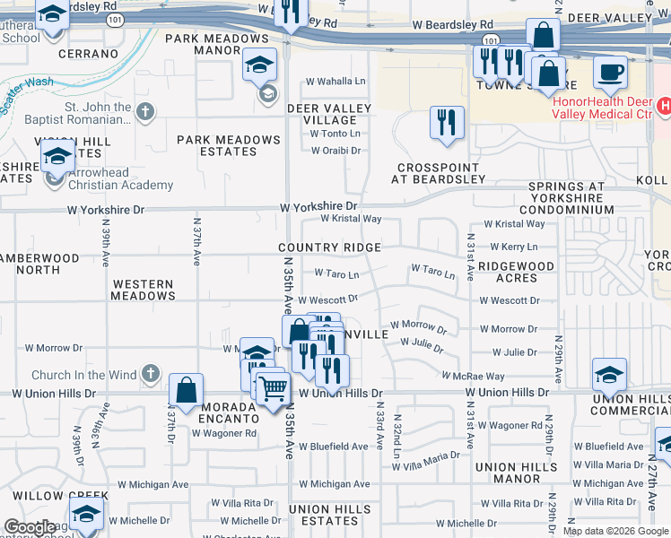 map of restaurants, bars, coffee shops, grocery stores, and more near 3337 West Topeka Drive in Phoenix