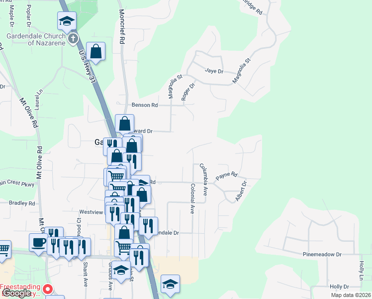 map of restaurants, bars, coffee shops, grocery stores, and more near 312 Cliff Road in Gardendale