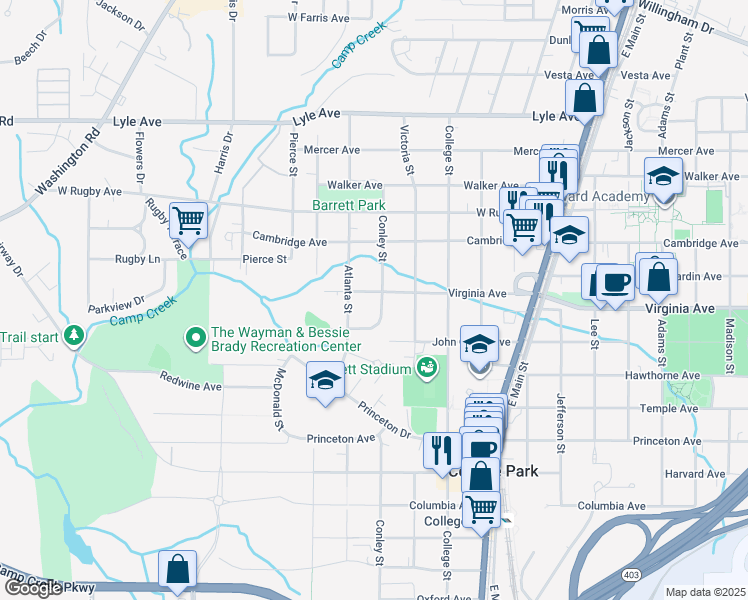 map of restaurants, bars, coffee shops, grocery stores, and more near 2005 Virginia Avenue in College Park