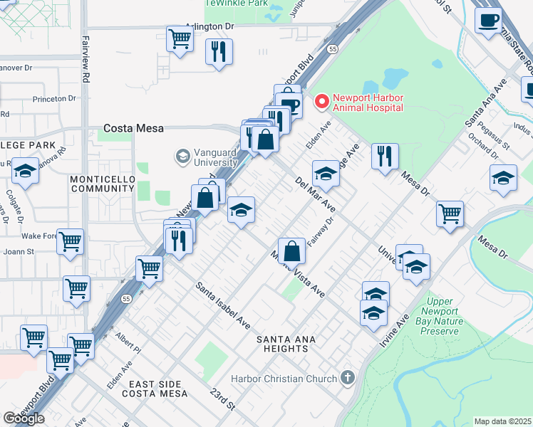 map of restaurants, bars, coffee shops, grocery stores, and more near 2524 Elden Avenue in Costa Mesa