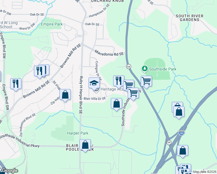 map of restaurants, bars, coffee shops, grocery stores, and more near 3349 Villa Circle Southeast in Atlanta