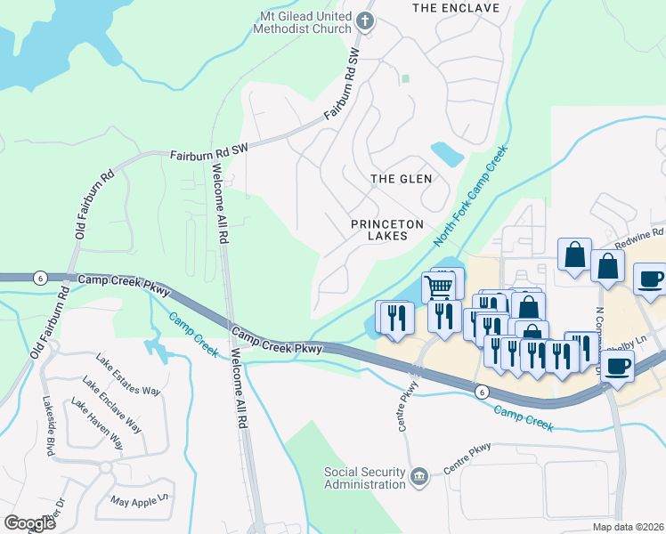 map of restaurants, bars, coffee shops, grocery stores, and more near 3952 Princeton Lakes Way in Atlanta