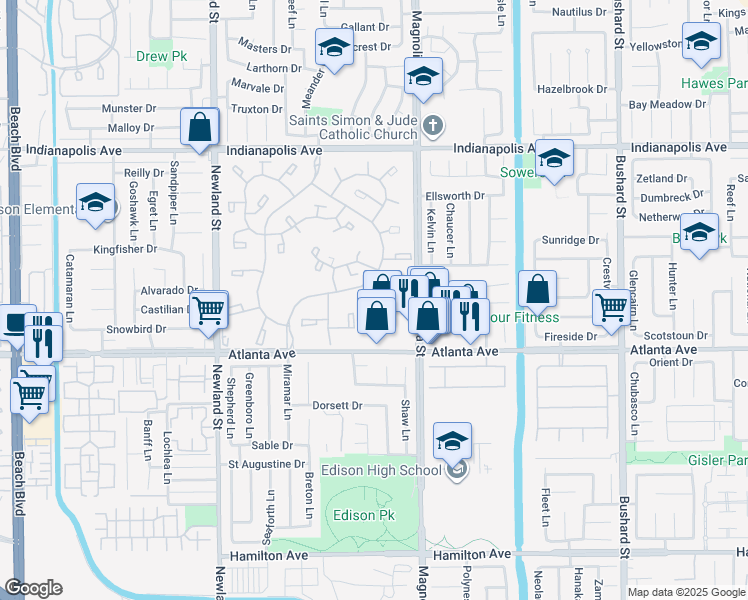 map of restaurants, bars, coffee shops, grocery stores, and more near 8877 Lauderdale Court in Huntington Beach