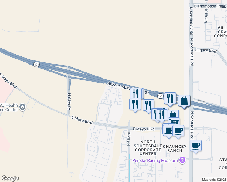map of restaurants, bars, coffee shops, grocery stores, and more near 6800 East Mayo Boulevard in Phoenix