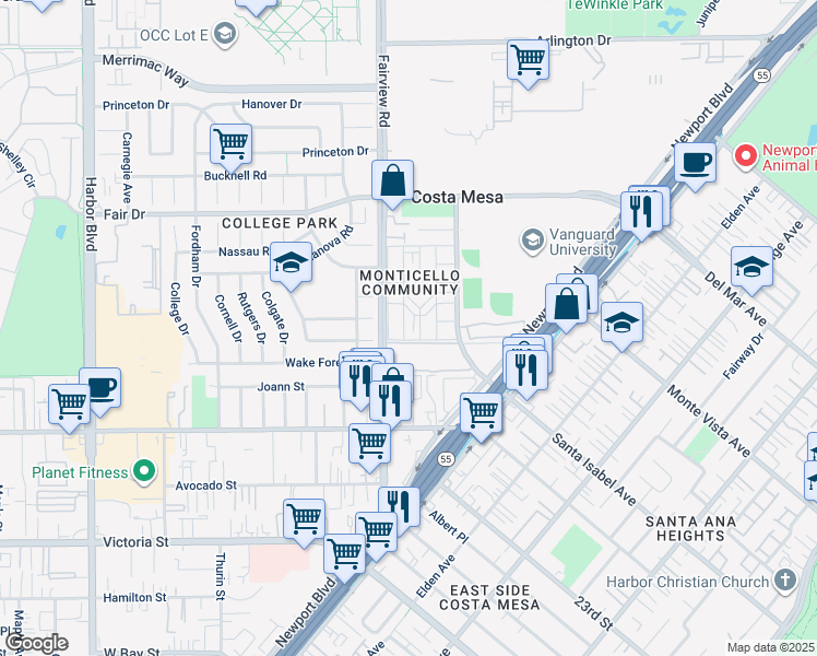 map of restaurants, bars, coffee shops, grocery stores, and more near 2334 Richmond Way in Costa Mesa