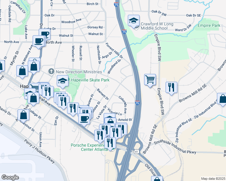 map of restaurants, bars, coffee shops, grocery stores, and more near 3311 La Vista Drive in Hapeville