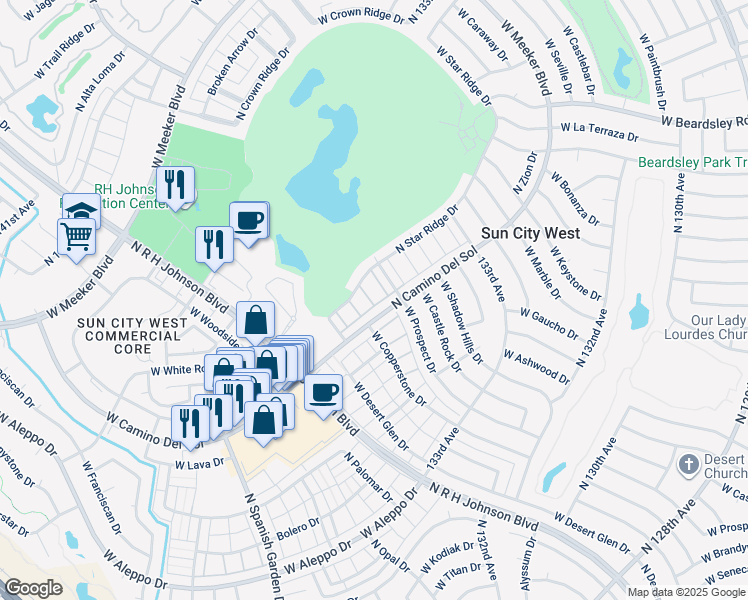 map of restaurants, bars, coffee shops, grocery stores, and more near 19229 North Star Ridge Drive in Sun City West