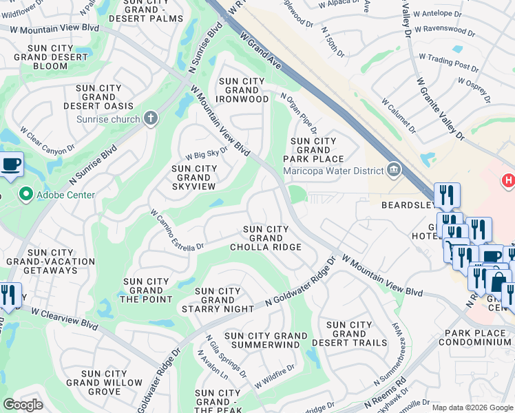 map of restaurants, bars, coffee shops, grocery stores, and more near 19755 North Lone Cactus Drive in Surprise
