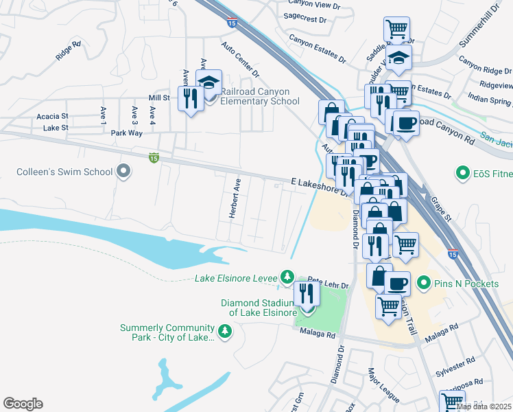 map of restaurants, bars, coffee shops, grocery stores, and more near Unnamed Road in Lake Elsinore