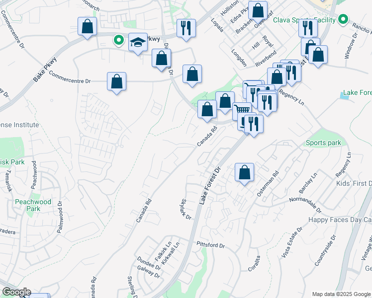 map of restaurants, bars, coffee shops, grocery stores, and more near 20792 Canada Road in Lake Forest