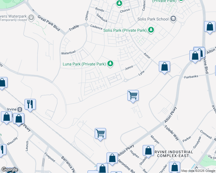 map of restaurants, bars, coffee shops, grocery stores, and more near 7453-8499 Marine Way in Irvine